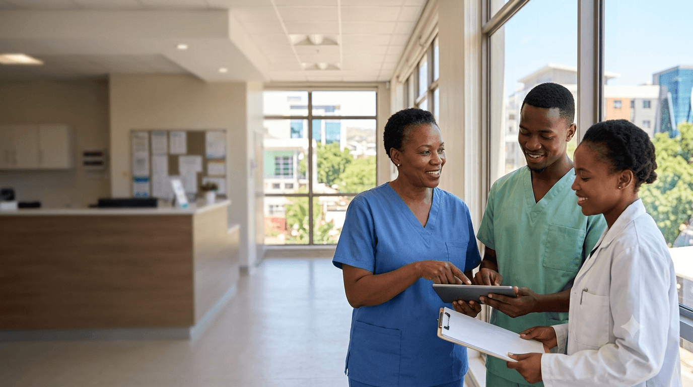 A group of friendly medical staff going over medical  charts together. 